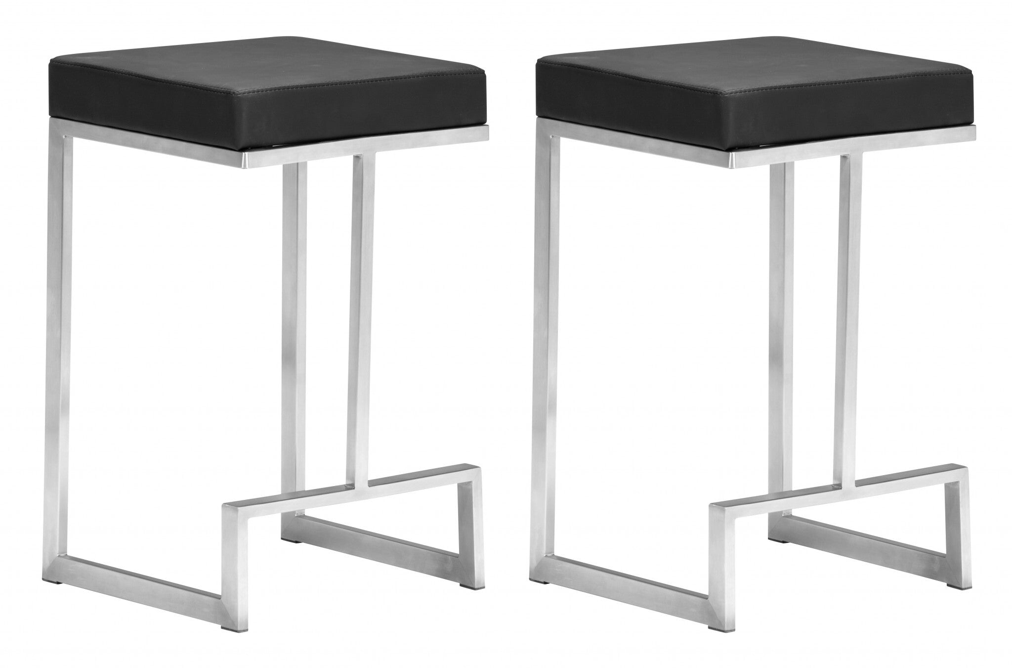 Set of Two Black Faux Leather and Stainless Geometric Backless Counter Stools