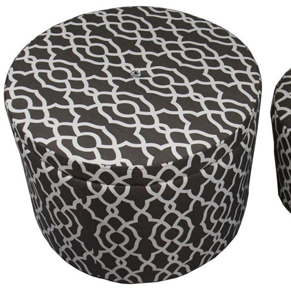 23" Black And White Polyester Blend Round Geometric Footstool Ottoman