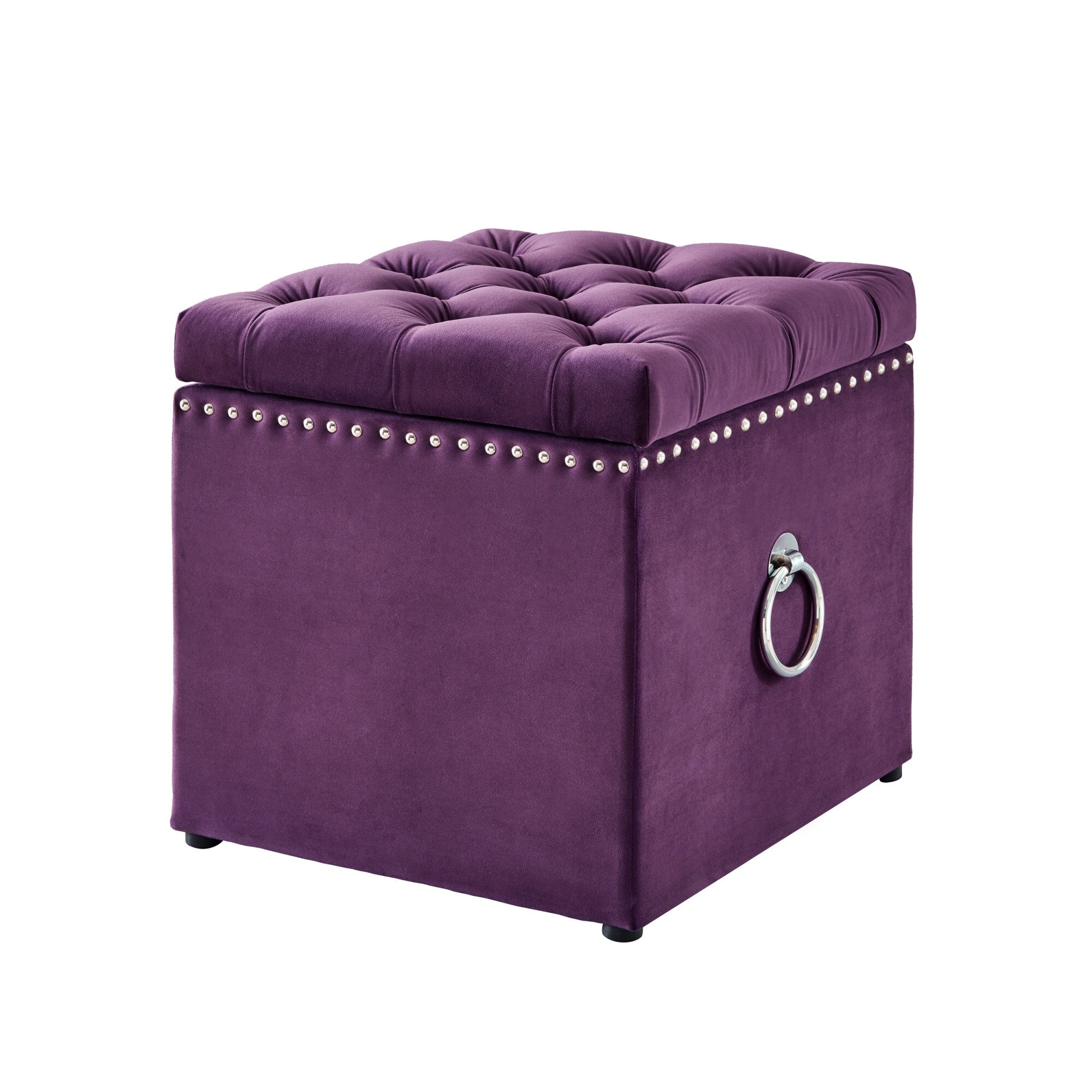 18" Purple Velvet And Black Tufted Storage