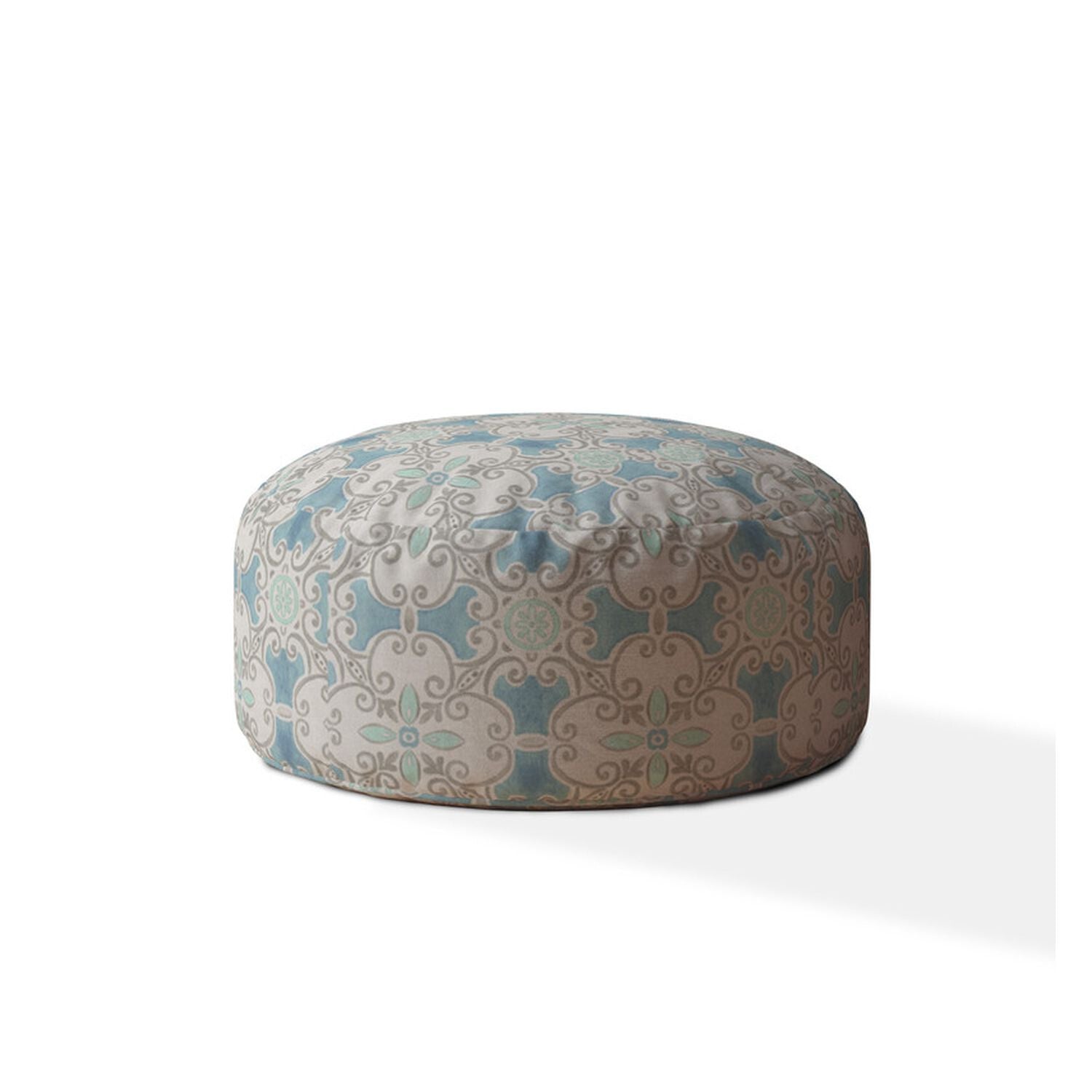 24" Blue Flax Round Ikat Pouf Ottoman