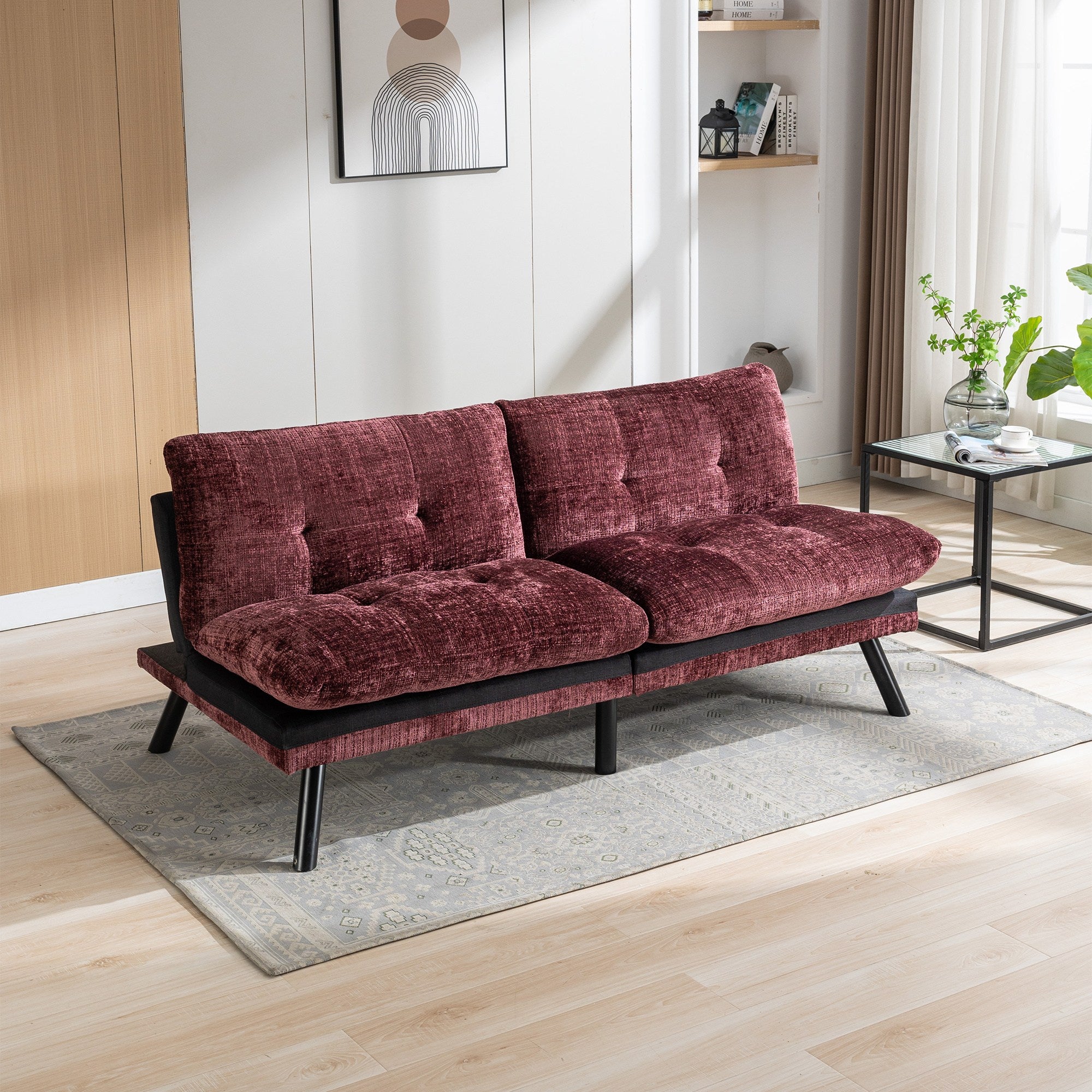 Convertible Sofa Bed Loveseat Futon Bed Breathable Adjustable Lounge Couch with Metal Legs,Futon Sets for Compact Living Space Chenille- Wine Red